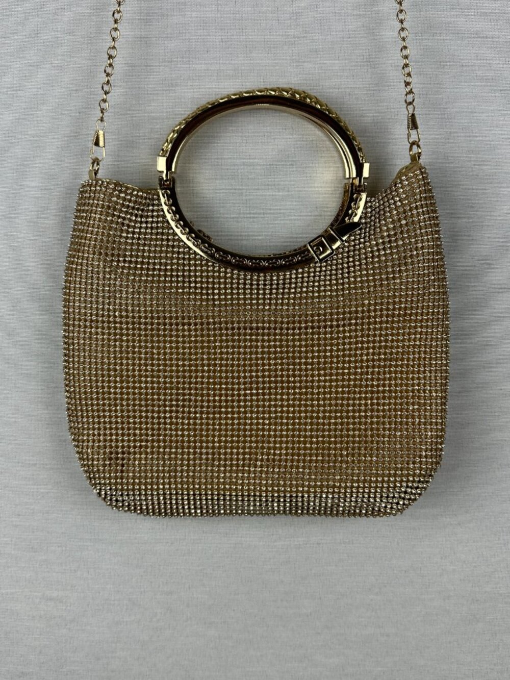 SPARKLY GOLD RHINESTONE EVENING CLUTCH PURSE METALIC O-RING TOP HANDLE